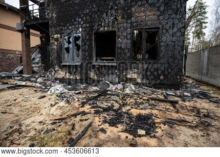 Hostomel, Kyev Region Ukraine - 09.04.2022: Cities Of Ukraine After The Russian Occupation. Houses T