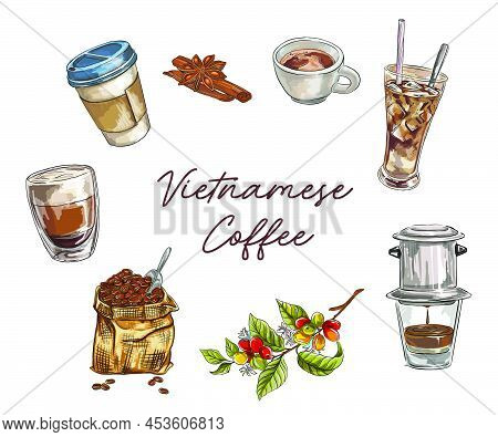 Hand Drawn Iced Coffee, Coffee With Milk, Espresso, Coffee Cups, Coffee Beans, Vietnamese Coffee Ill
