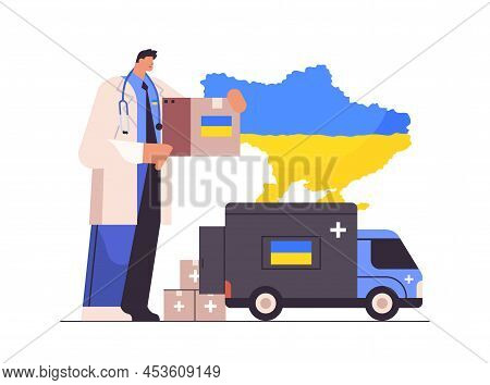 Doctor Giving Help Box With Medical Supplies To Refugees Humanitarian Aid Material Assistance Govern