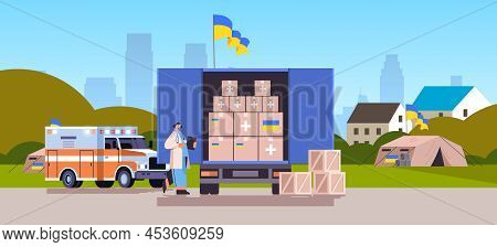 Doctor Giving Help Box With Medical Supplies To Refugees Humanitarian Aid Material Assistance Govern