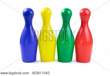 Set Of Collored Bowling Pins Isolated On A White Background. Skittles Isolated On A White Background