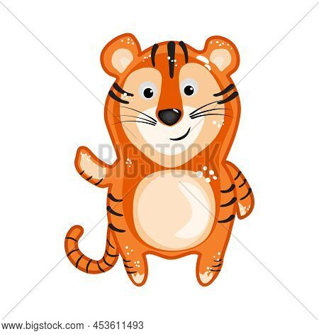 Tiger Isolated On White Background. Cute Red Tiger Cub Cartoon Character. Funny Animal Sticker. Love