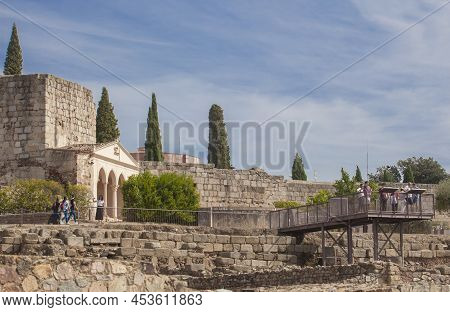 Merida, Spain - Oct 9th, 2021: Alcazaba Of Merida Viewpoint Platform Full Of Visitors. Extremadura, 
