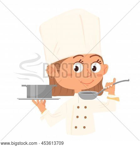 Chef Girl With Tasty Soup In Laddle. Cooking Kid