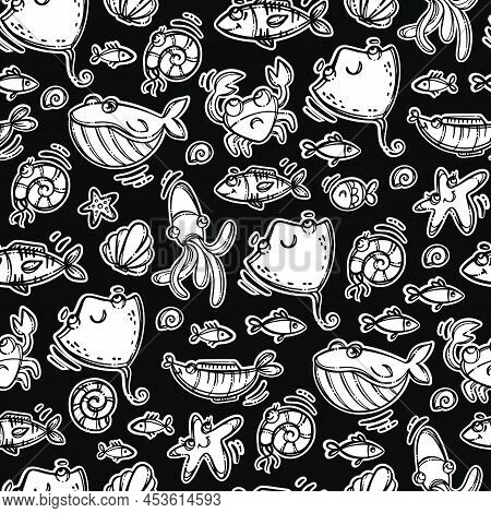 Skat Friends Monochrome Nautical Themed Monochrome Hand Drawn Cartoon Travel Seamless Pattern Underw