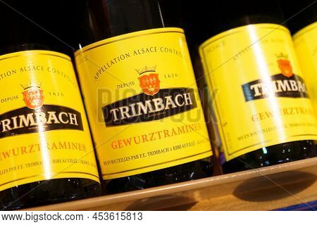 Tyumen, Russia-april 13, 2022: Gewurztraminer Wine Of Famous French Wine Company Trimbach. Selective
