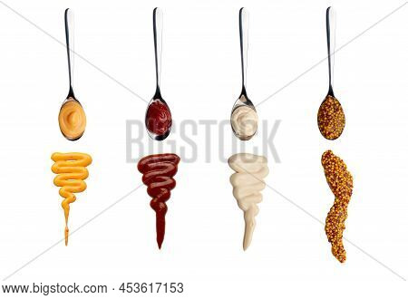 Mustard, Mayonnaise, Ketchup, Chili Sauce In A Spoon. Sauce In Spoon And Sauce Line Isolated On Whit