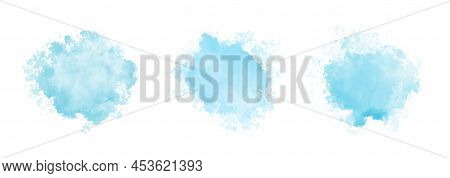 Abstract Pattern With Blue Watercolor Clouds On White Background. Cyan Watercolour Water Brash Splas