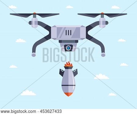 Military Drone Drops Aerial Bombs. Unmanned Aerial Vehicle. Flat Vector Illustration.