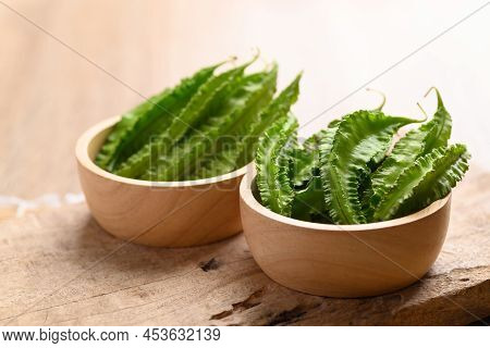 Winged Bean Or Princess Bean In Wooden Bowl, Organic Vegetable From Local Market In Southeast Asia