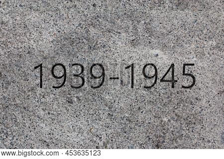 Memorial For Second World War. 1939 - 1945 Sign Carved Into A Stone Extreme Closeup. 3d Rendering