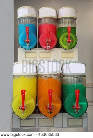 Iced Grenadine Dispenser With Flavors Of Many Types For Sale In The Outdoor Kiosk