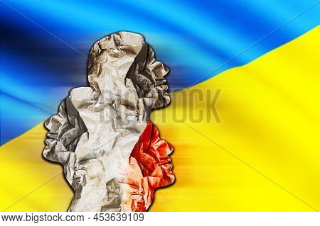 Silhouettes Of People Affected By The War Against The Background Of The Flag Of Ukraine. Stop The Wa