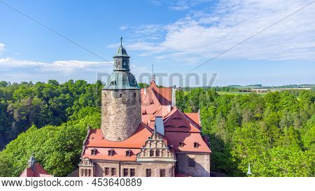 Lesna, Poland - June 2, 2021: Aerial View On Tower Of 13th Century Fortress, Czocha Castle.