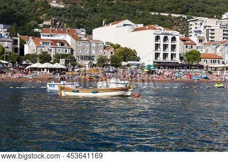 Petrovac, Montenegro, 29. August 2021: Boats In Harbour In Town Petrovac, Montenegro. Beautiful Fami
