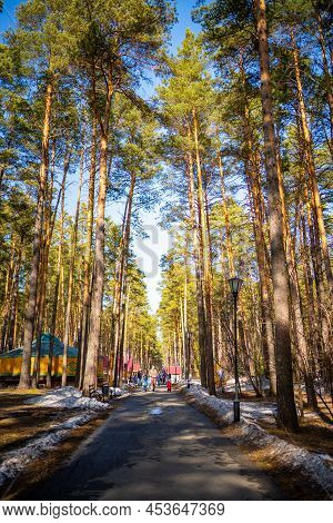Kemerovo, Russia - April 16, 2022: People Are Walking In Forest Of Open-air Museum Tomsk Pisanitsa L