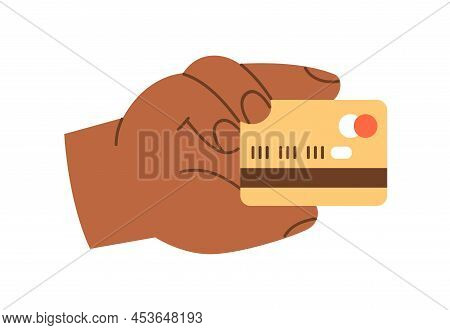 Hand Holding Credit Card Icon. Customers Arm Paying With Electronic Cashless Money With Abstract Ban