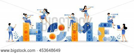 Vector Illustration Of Piles Of Money That Make Up The Word Home. Housing Finance Or Mortgage. Finan