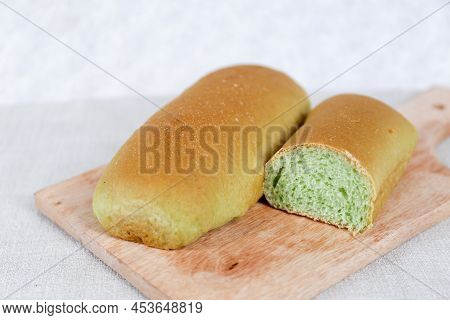 Green Pandan Long John Buns Bread With Copy Space For Text