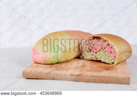 Rainbow Long John Buns Bread With Copy Space For Text