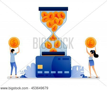Vector Illustration Of Coins Falling From Hourglass To Credit Card. Illustration Of Consumptive Beha