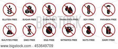 Forbidden Allergy Product Ingredient Silhouette Black Icon Set. Soy, Trans Fat, Nut, Egg, Corn, Dair