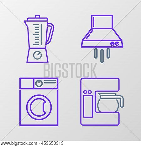 Set Line Coffee Machine With Glass Pot, Washer, Kitchen Extractor Fan And Blender Icon. Vector