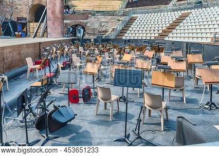 Taormina, Italy - August 11, 2021: Empty Orchestra Of The Ancient Theatre Of Taormina, Sicily, Italy