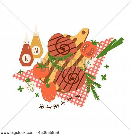 Picnic Sausages Bbg Picnic Food Isolated. Bbq Party. Summer Picnic Snack Grilled Sausages On Cutting