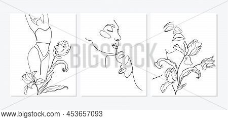 Set Of Minimal Line Art Womans With Flawers And Loving Couple. Black Lines Drawing. - Vector Illustr
