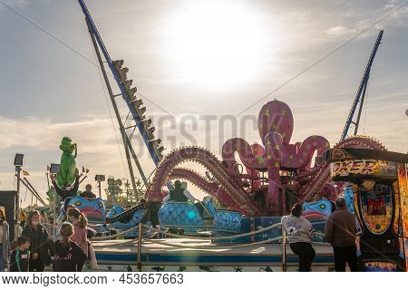 Palma De Mallorca, Spain; April 08 2022: Attractions And People At The Traditional Annual Fair, Fira