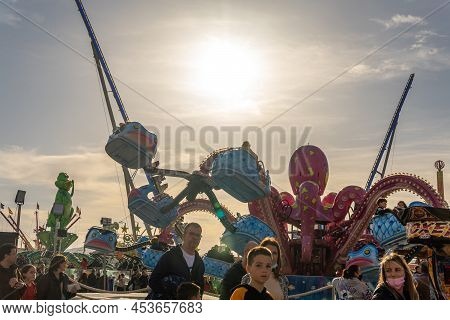 Palma De Mallorca, Spain; April 08 2022: Attractions And People At The Traditional Annual Fair, Fira