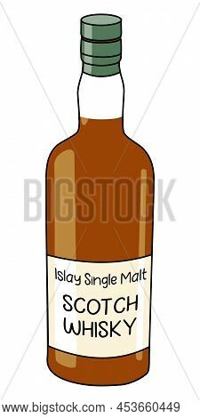 Islay Single Malt Scotch Whisky In A Bottle. Doodle Cartoon Hipster Style Vector Illustration Isolat
