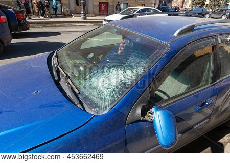 Saint Petersburg, Russia - 04.01.2022: Blue Damaged Chevrolet Lacetti Car After Car Accident Or Cras