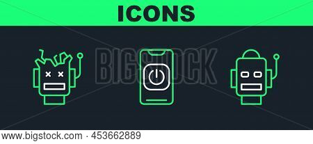 Set Line Robot, Broken Robot And Turn Off From Phone Icon. Vector
