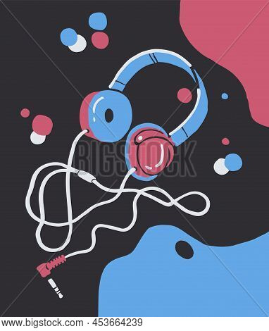 Retro Style Hand Drawn Picture With Headphones On Dark Background