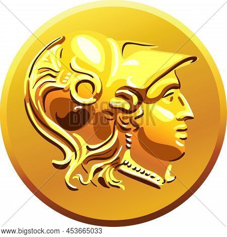 Greek Money, Gold Shiny Old Coin With The Image Of Alexander Of Macedon In The Helmet