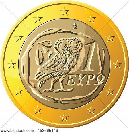 Greek Money Gold Coin Euro With The Image Of An Owl - The Emblem Of Pallas Athena, A Symbol Of Wisdo