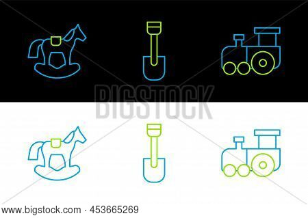 Set Line Toy Train, Horse Saddle Swing And Shovel Toy Icon. Vector