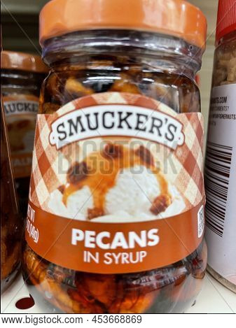 Grovetown, Ga Usa - 12 15 21: Ice Cream Toppings On A Retail Store Shelf Smuckers Topping Pecans