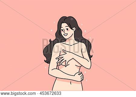 Happy Young Naked Woman Isolated On Pink Studio Background Cover Body With Hands. Smiling Sexy Mille