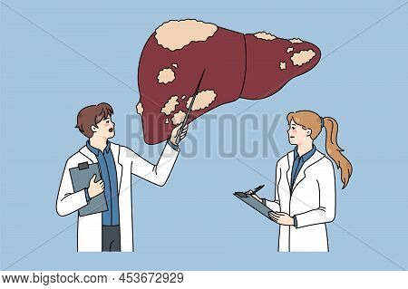 Diverse Doctors In Medical Uniforms Examine Sick Patient Liver. Therapist Make Ultrasound Body Organ