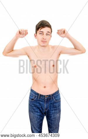 Skinny Young Man Muscle Flexing Isolated On The White Background