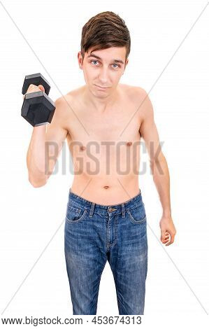 Skinny Young Man In Hold A Heavy Dumbbell Isolated On The White Background