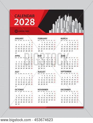 Calendar 2028 Template, Wall Calendar 2028 Year, Desk Calendar 2028 Design, Week Start On Monday, Po