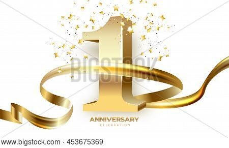 1th Anniversary Celebration. Gold Numbers With Glitter Gold Confetti, Serpentine.