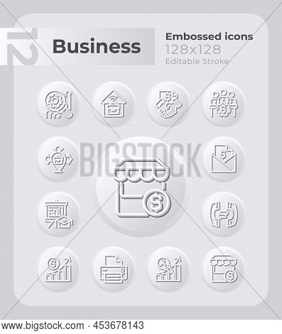 Small Business Management Embossed Icons Set. E Commerce. Neumorphism Effect. Isolated Vector Illust