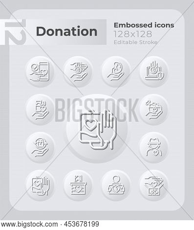 Charity Embossed Icons Set. Humanitarian Aid. Volunteering. Neumorphism Effect. Isolated Vector Illu