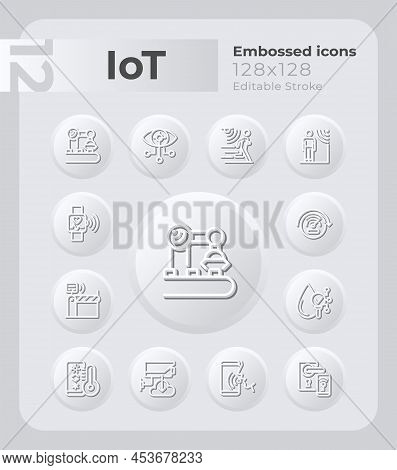 Internet Of Things Embossed Icons Set. Smart Home Systems. Neumorphism Effect. Isolated Vector Illus