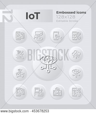 Iot Embossed Icons Set. Smart Cities. Gadgets, Sensors. Neumorphism Effect. Isolated Vector Illustra